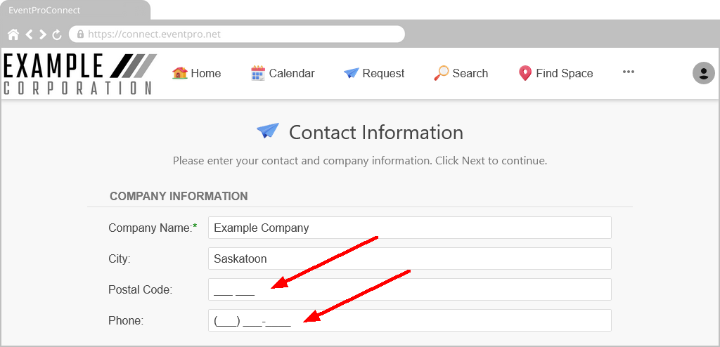Screenshot of online form in EPConnect, displaying blank fields with edit masks. 