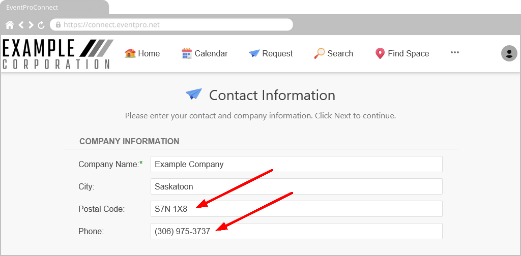 Screenshot of online form in EPConnect, displaying edit mask fields with values entered. 