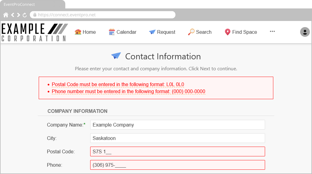 Screenshot of online form in EPConnect, displaying error when edit mask field values not entered correctly. 