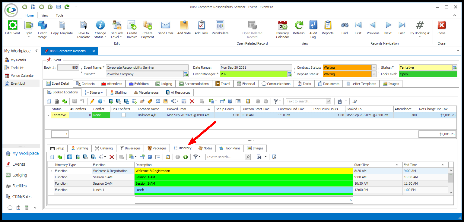 Screenshot of Event screen pointing to Itinerary tab. 