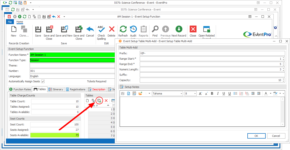 Screenshot of Event Setup Table Multi-Add edit form. 