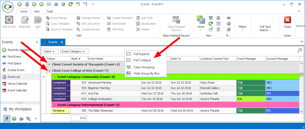 Screenshot of Events selection grid, pointing to Expand and Collapse commands