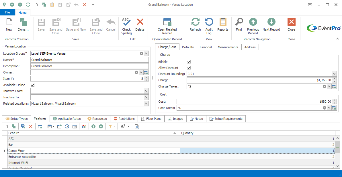 Screenshot of Venue Location edit form, displaying Features tab. 