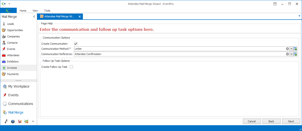 Screenshot of Mail Merge Wizard page with communication and follow up task options. 