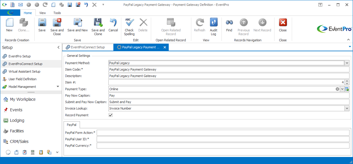 Payment Gateway Definition for Legacy PayPal