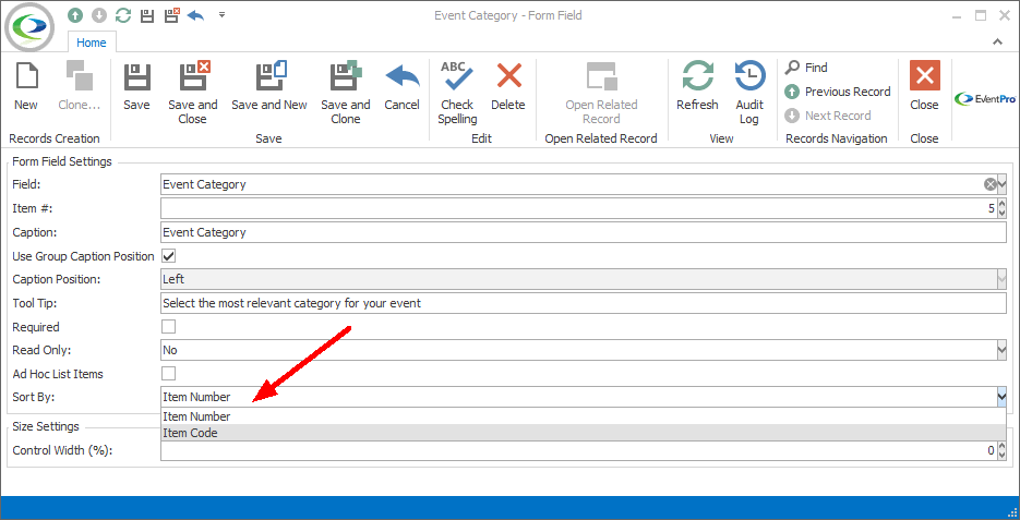 Screenshot of Form Field edit form pointing to Sort By options. 