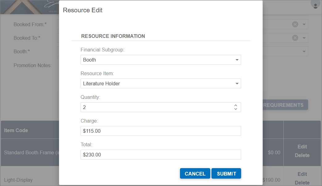 Resource Edit window opened from sample Exhibitor Booth Details page. 