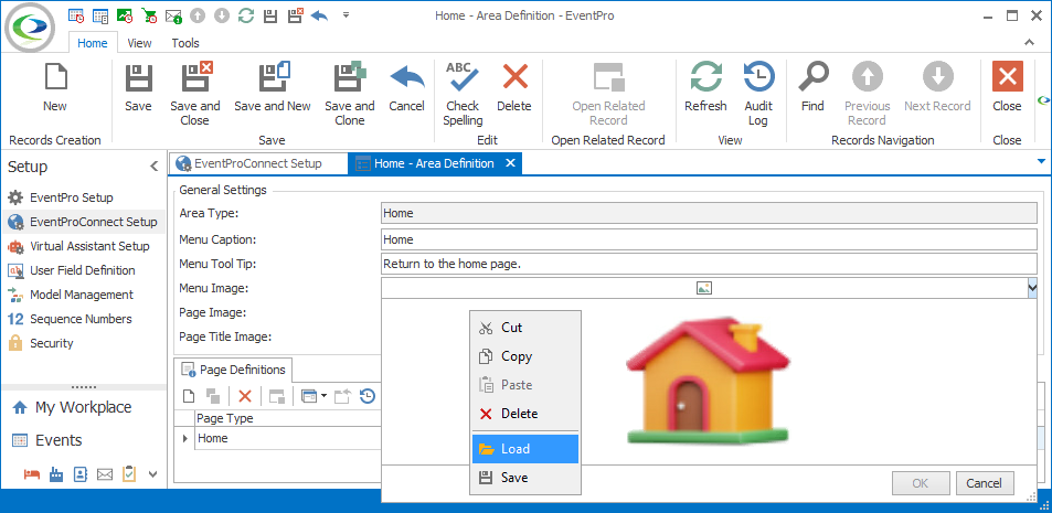 Menu Image drop-down preview displaying Load command and Open window. 