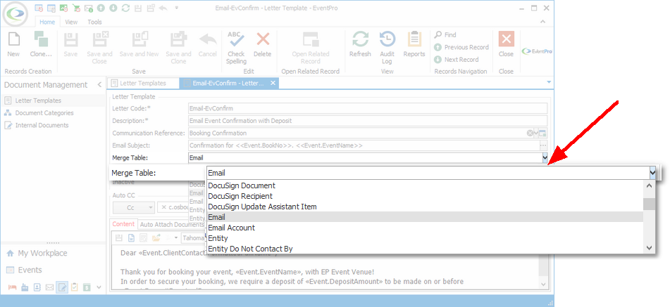 Figure 331: Selecting Merge Table for Email Letter Template 