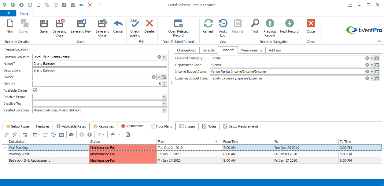 Screenshot of Venue Location edit form, displaying Financial tab