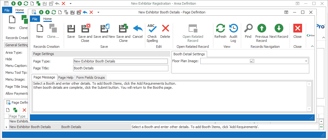Screenshot of Booth Details Page Definition from Exhibitor New Registration Area Definition. 