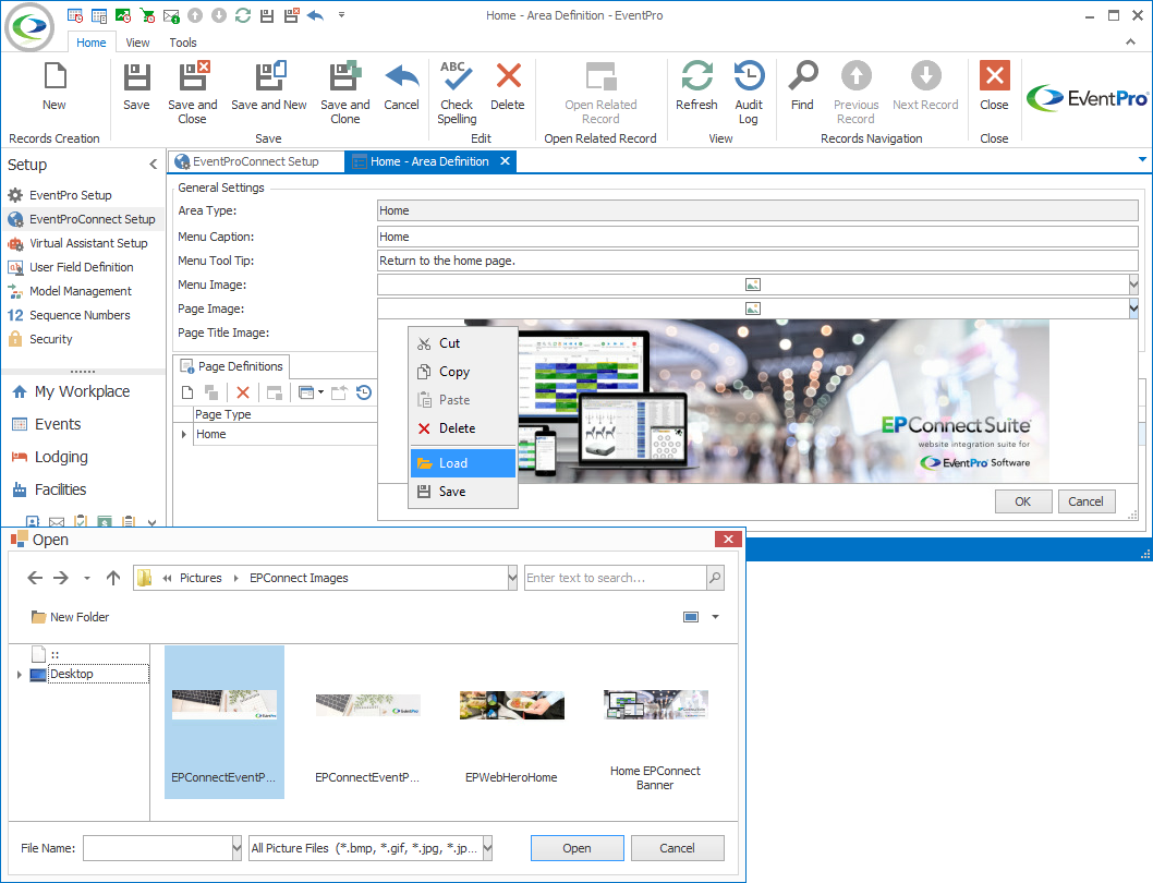 Screenshot of Home Area Definition edit form, loading Page Image. 