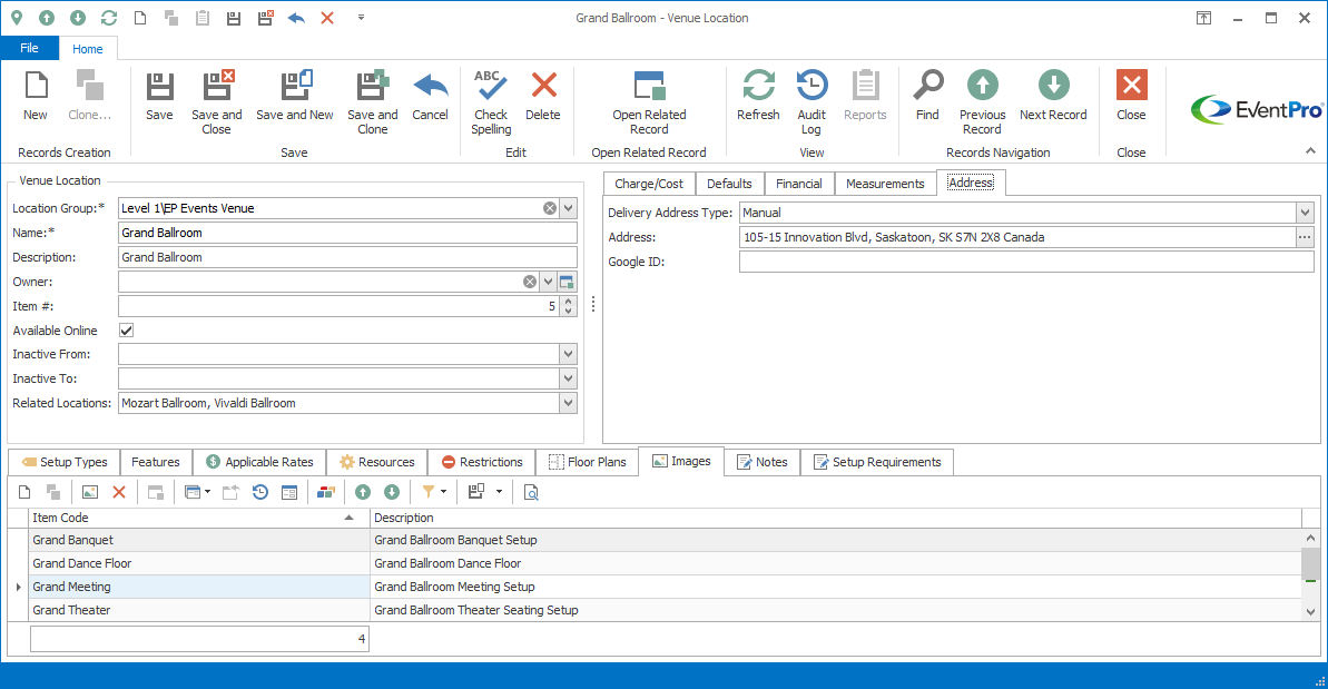 Screenshot of Venue Location edit form, displaying Address tab. 