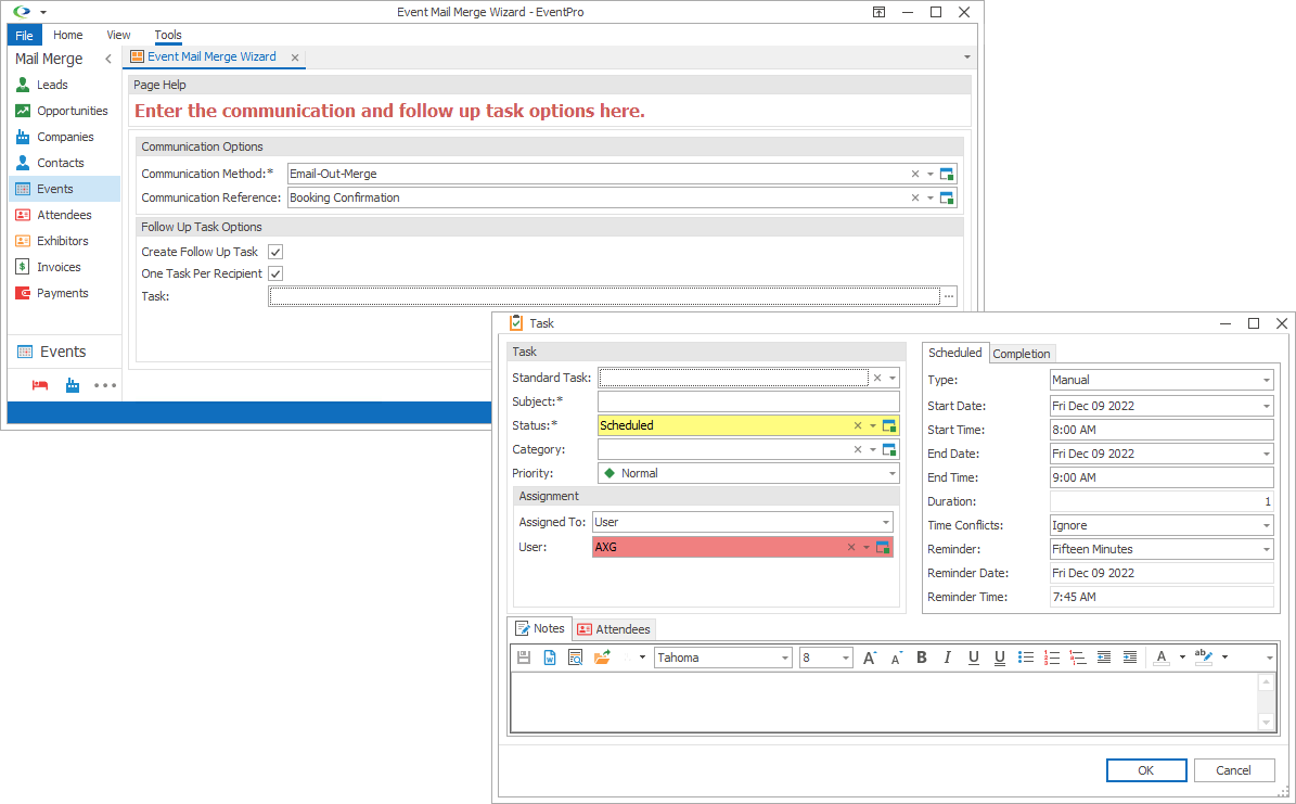 Screenshot of Task edit form opened from Mail Merge Wizard. 