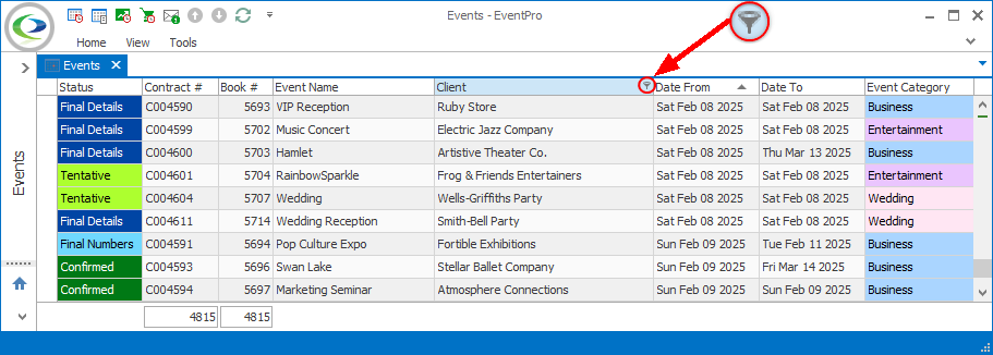 Screenshot of Events List selection grid, pointing to column filter. 