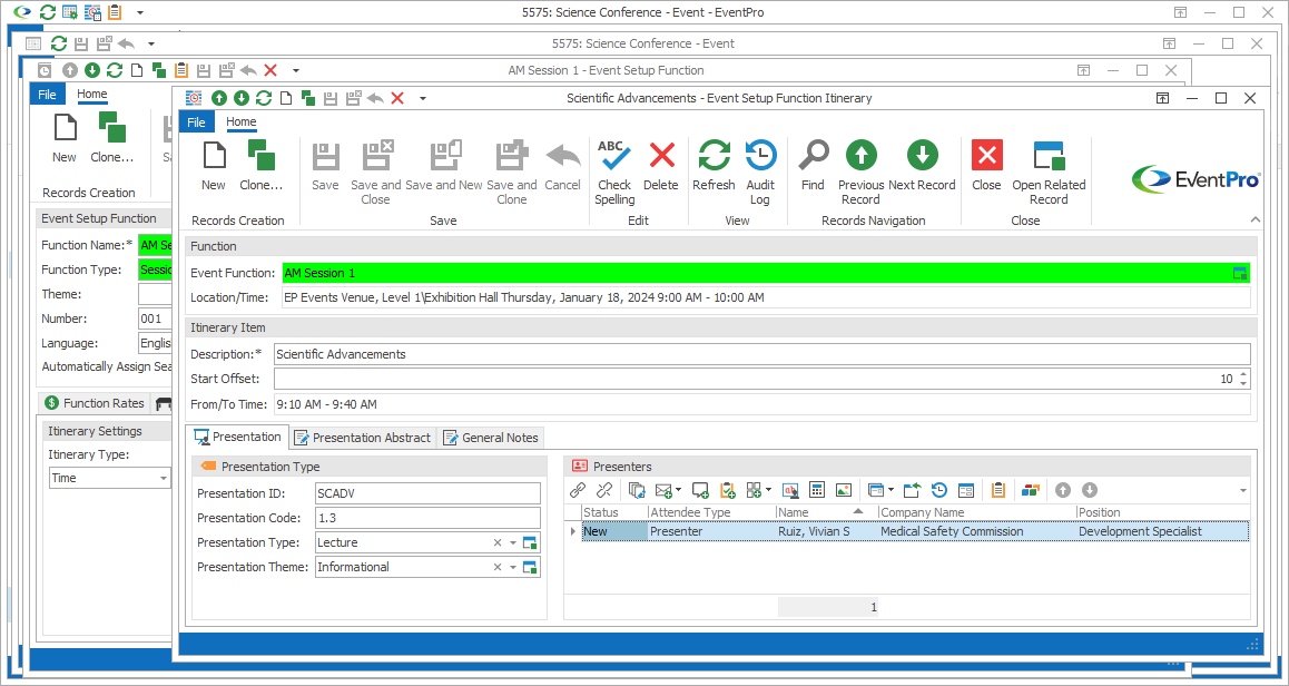 Screenshot of Event Setup Function Itinerary edit form. 