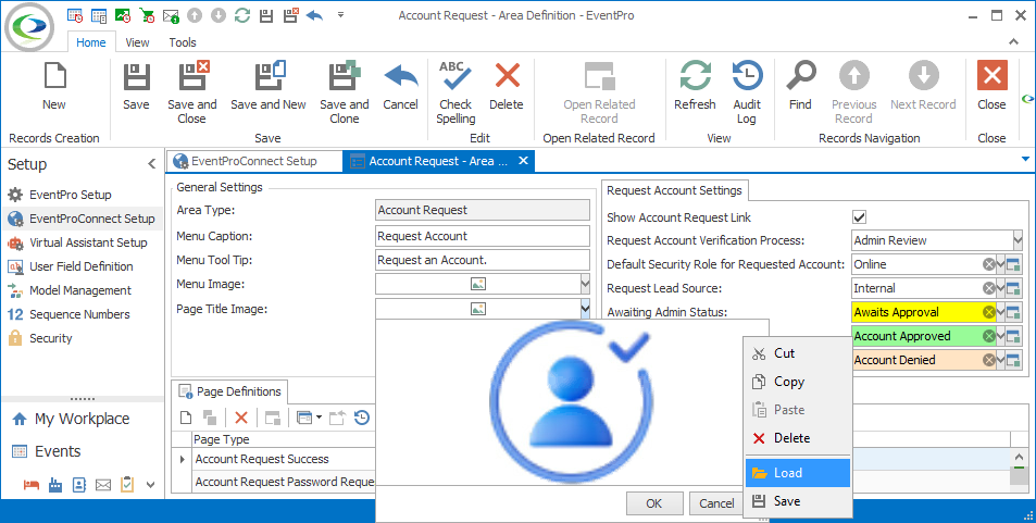 Screenshot of Area Definition edit form, selecting Load command from image preview speed menu. 