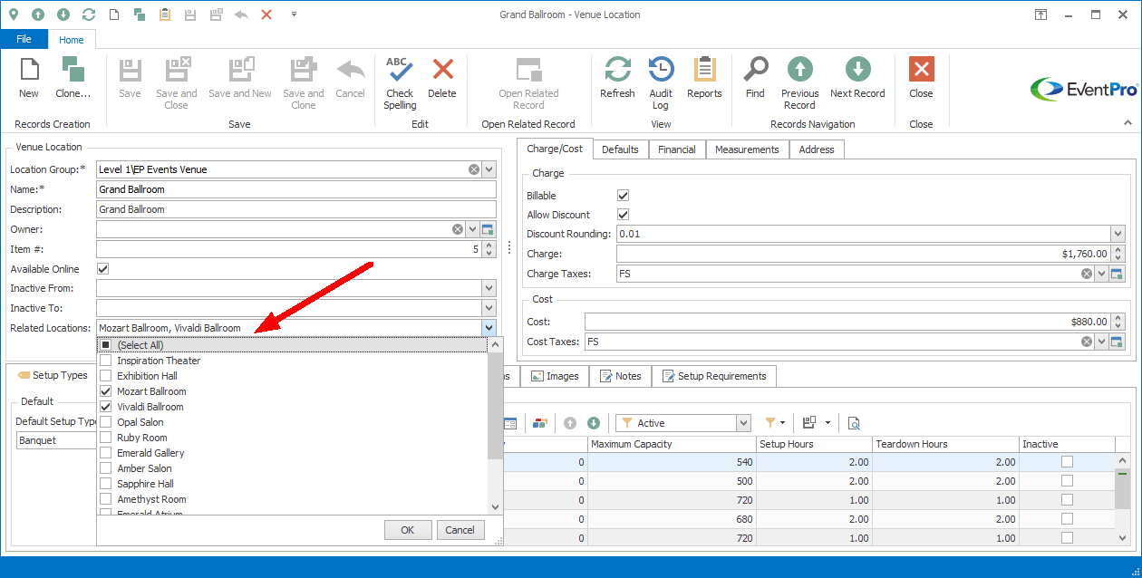 Screenshot of Venue Location edit form, pointing to Related Locations drop-down list. 