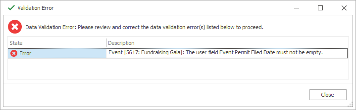 Screenshot of Validation Error dialog that appears when user does not put value in required User Defined Field. 