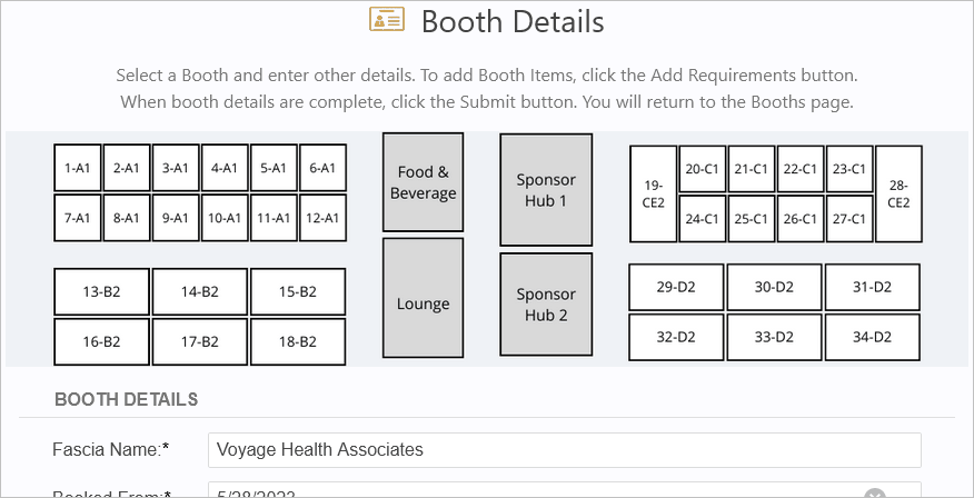 Sample Booth Details page with floor plan image. 