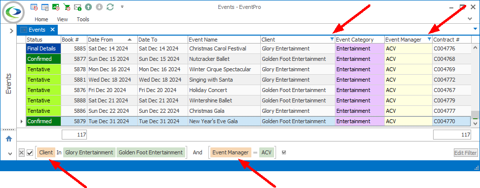 Screenshot of Events List selection grid, filtered by column values. 