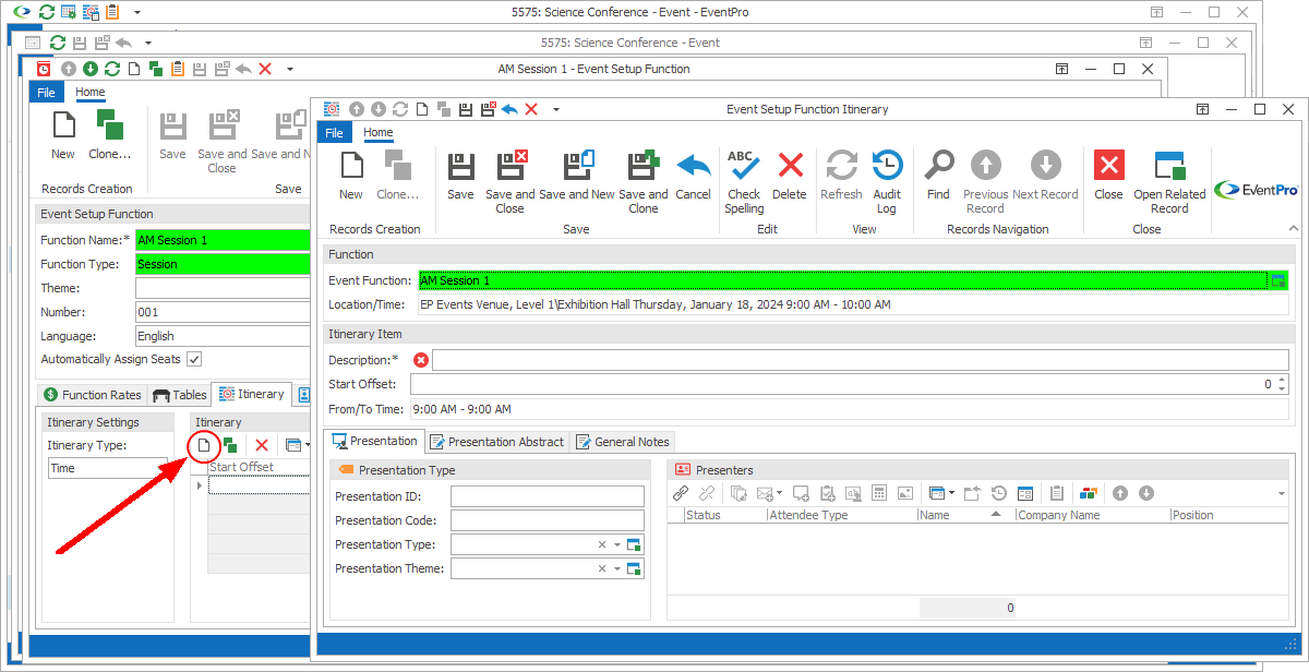 Screenshot of Event Setup Function Itinerary edit form. 