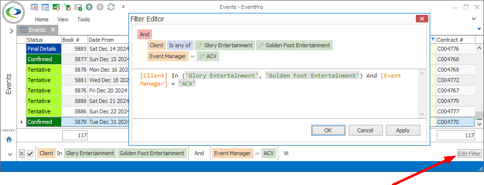 Screenshot of Filter Editor opened with Edit Filter button at bottom of selection grid. 