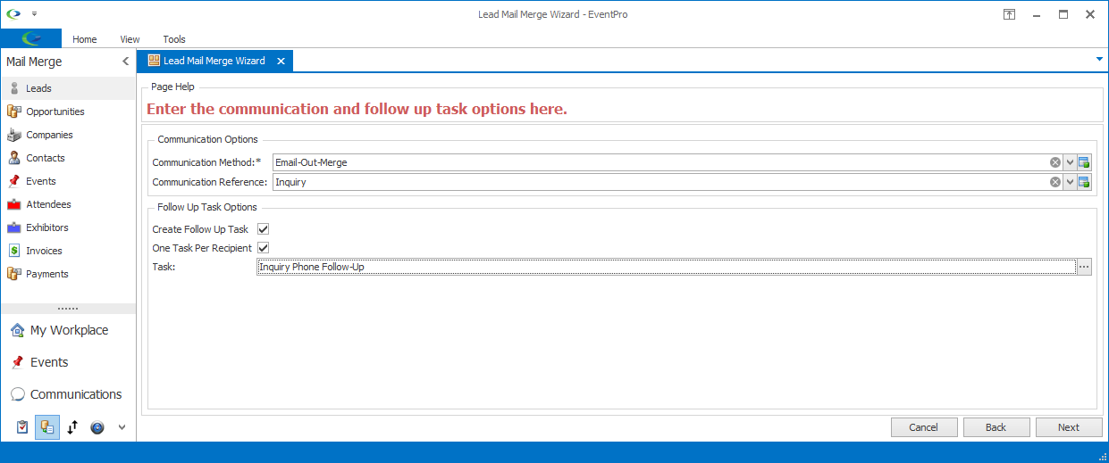 Screenshot of Mail Merge Wizard, showing selected Follow Up Task in Task field. 
