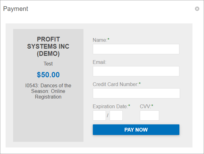 Sample online payment form pop-up overlay from EPConnect