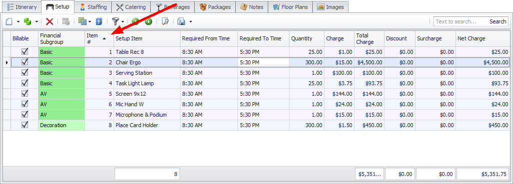 Screenshot of Setup Item selection grid, pointing to Item number column