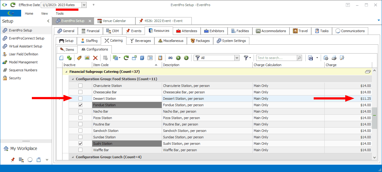 Screenshot of catering setup in Rates 2023, pointing to newly added configuration