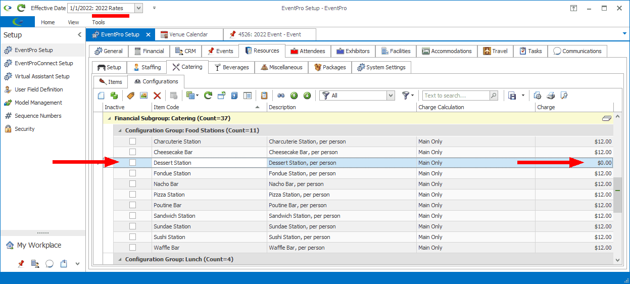 Screenshot of catering setup in Rates 2022, pointing to configuration added in Rates 2023
