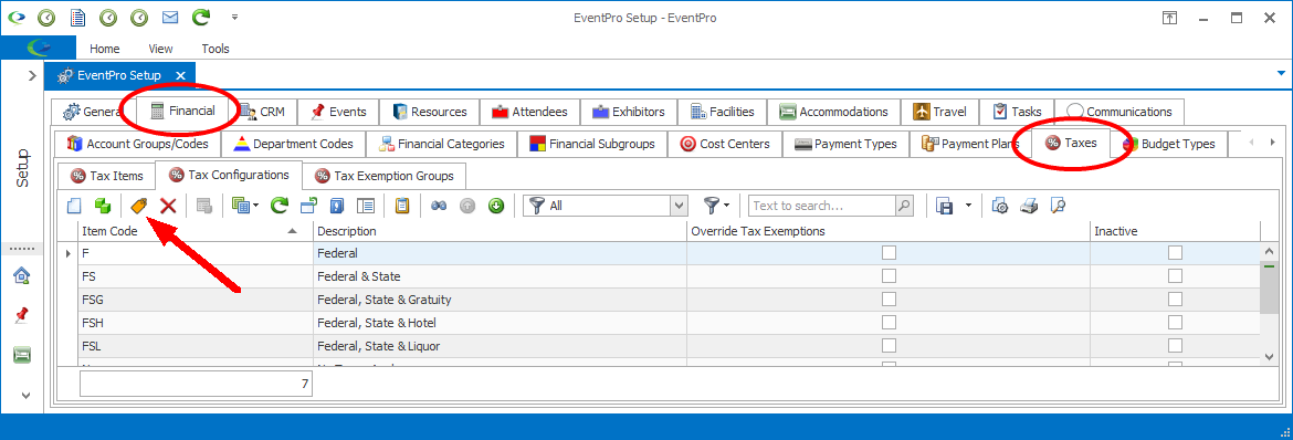 Screenshot pointing to Update Financials button under Setup Tax Configurations tab