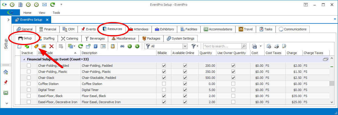 Screenshot pointing to Update Financials button under Setup Resources Setup tab