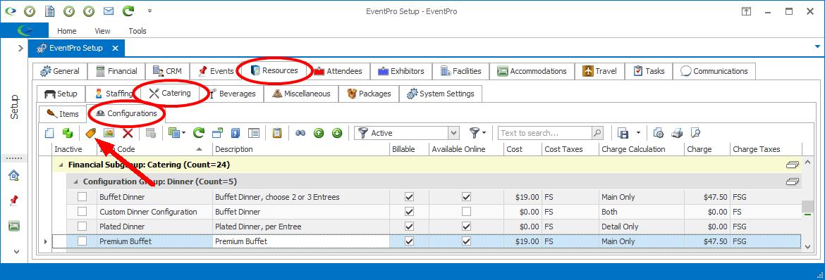 Screenshot pointing to Update Financials button under Setup Catering Configurations tab