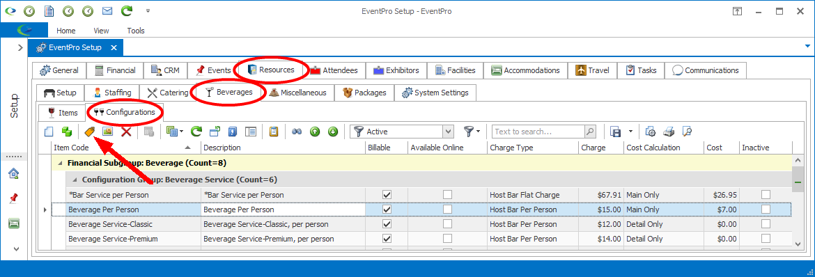 Screenshot pointing to Update Financials button under Setup Beverage Configurations tab