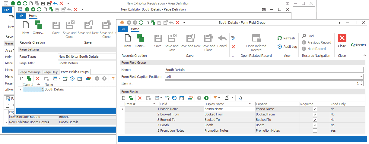 Screenshot of Form Fields Group edit form opened from Booth Details Page Definition. 
