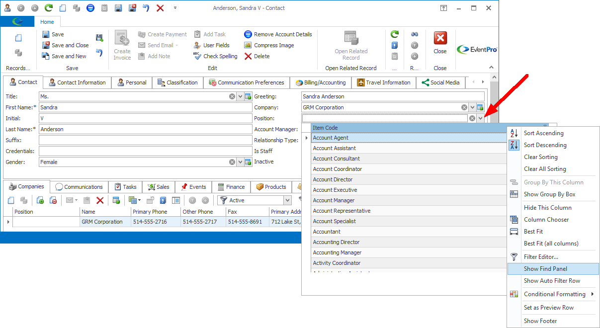 Screenshot of Contact edit form, Position drop-down, Show Find Panel command
