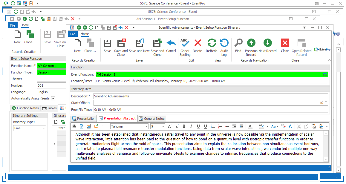 Screenshot of Event Setup Function Itinerary edit form opened to Presentation Abstract tab. 