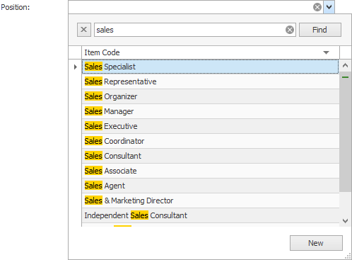 Screenshot of Company Position drop-down with Find Panel displayed