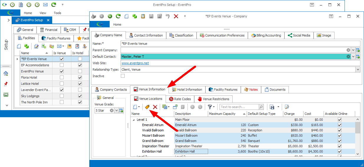 Screenshot pointing to Update Financials button for Venue Locations in Company edit form