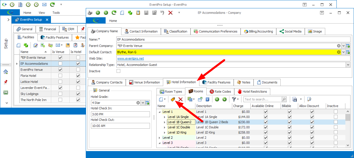 Screenshot pointing to Update Financials button for Hotel Rooms in Company edit form
