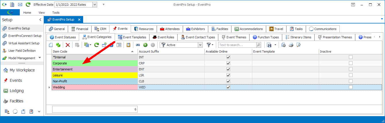 Screenshot of EventPro Setup, pointing to edited Setup Event Category