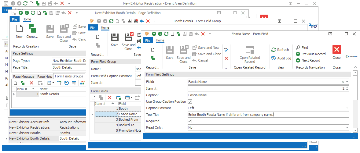 Screenshot of Form Field edit form opened from Booth Details Form Field Group. 