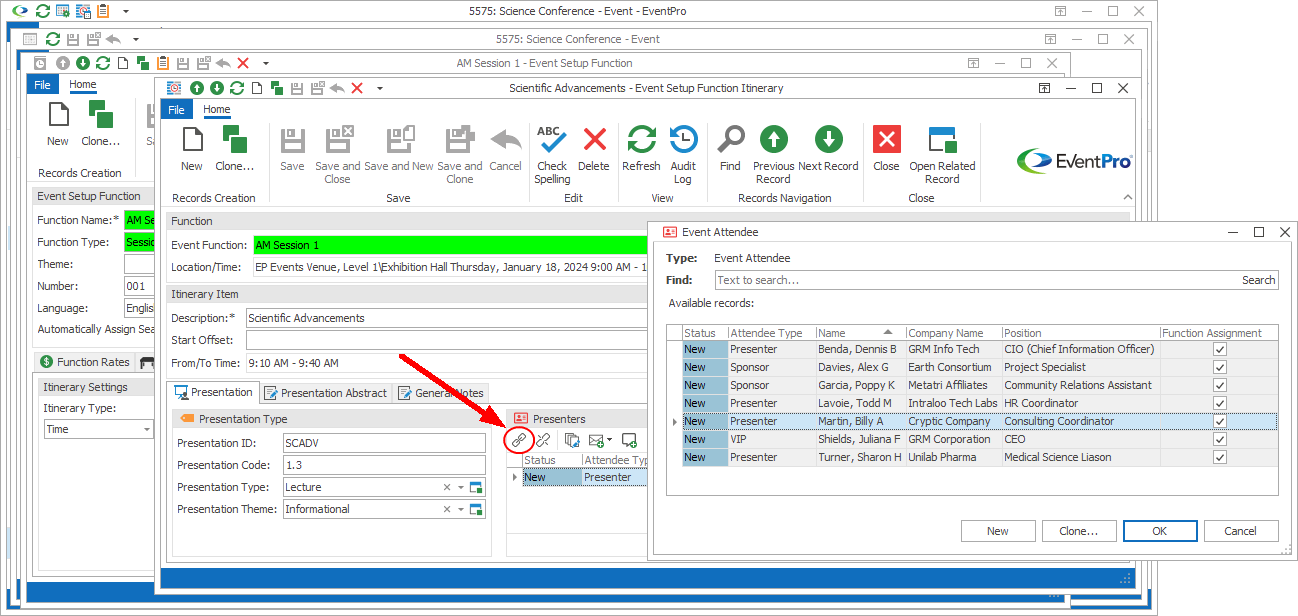 Screenshot of Event Attendee window opened from Event Setup Function Itinerary edit form. 