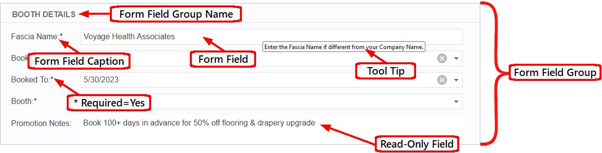 Example of online Form Field Group, labelling group, field, and field caption. 