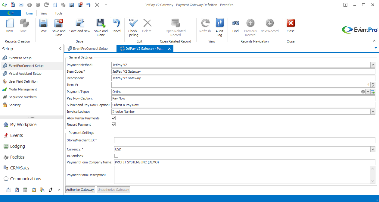 Payment Gateway Definition edit form for JetPay V2