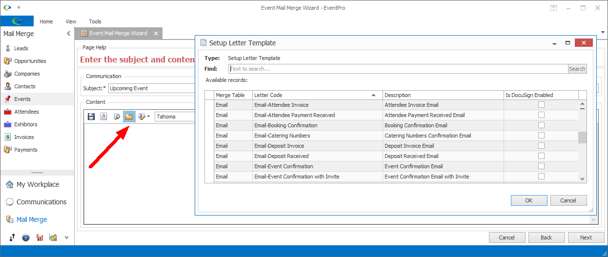 Screenshot of Setup Letter Template window opened from Mail Merge Wizard. 