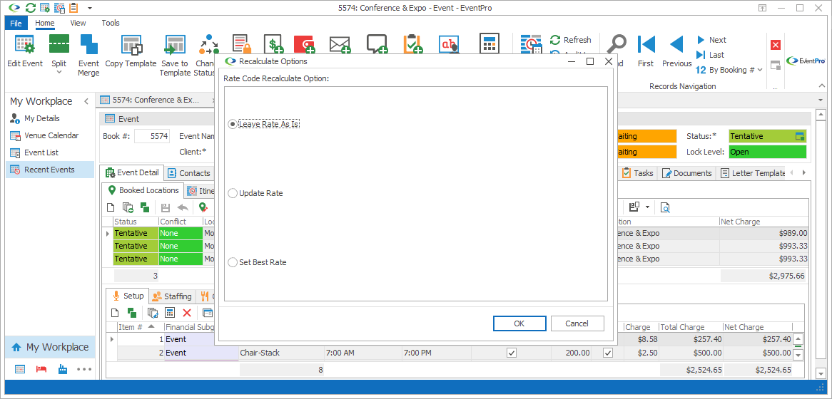 Screenshot of Recalculate Options dialog box over Event screen. 