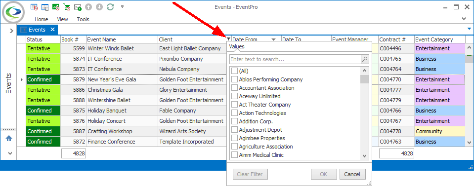 Screenshot of Event list selection grid with Column Header Filter window displayed. 
